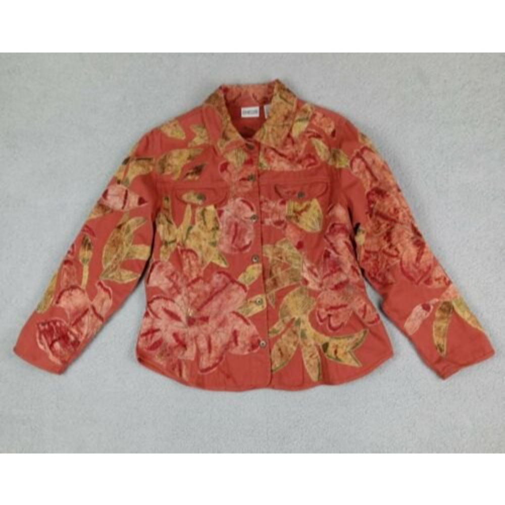 Chicos Sz 2 Boho Floral Appliqued Embroidered Jacket Art To Wear Sequins Cotton